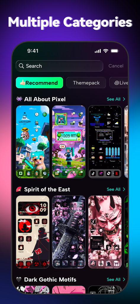 ThemeKit app interface showing various theme categories for iPhone customization including pixel art and eastern styles