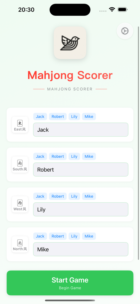 Pantalla de configuración de la aplicación Herramienta de Puntuación de Mahjong donde los usuarios ingresan nombres de jugadores y asignan posiciones en la mesa