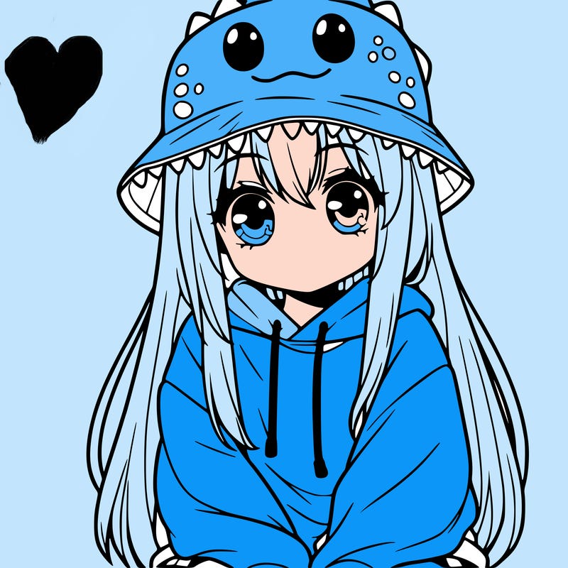 girl with anime shaped eyes with a dinosaur bucket hat oversized sweatshirt long straight hair