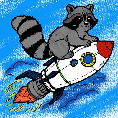 realistic raccoon flying on top rocket ship