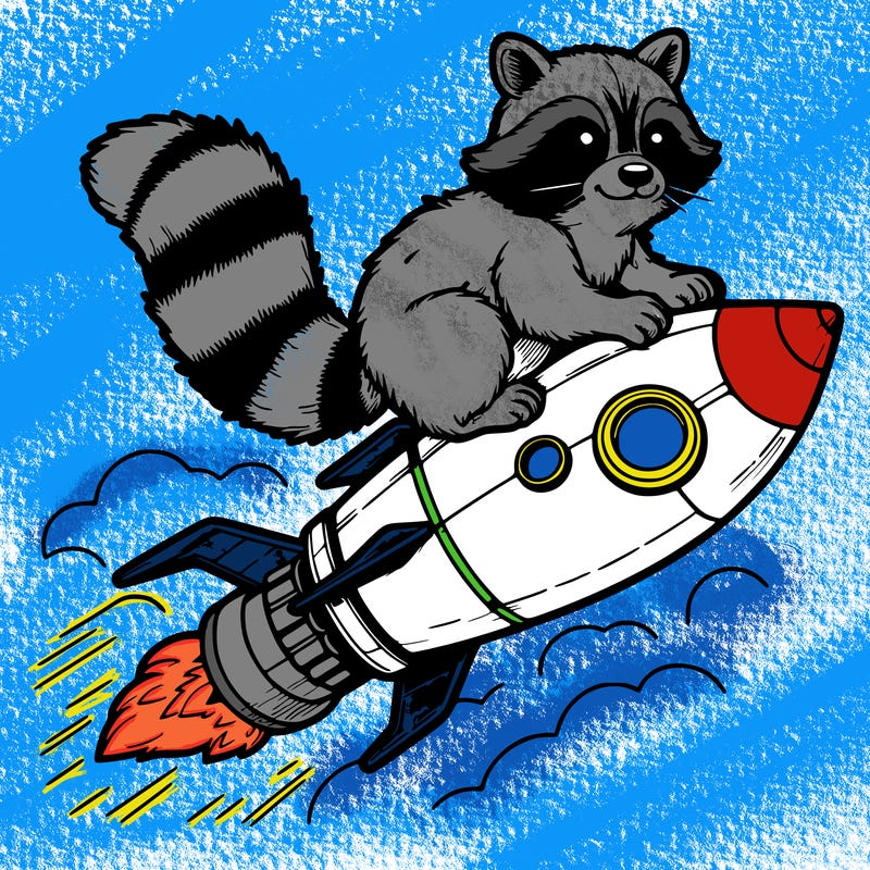 realistic raccoon flying on top rocket ship