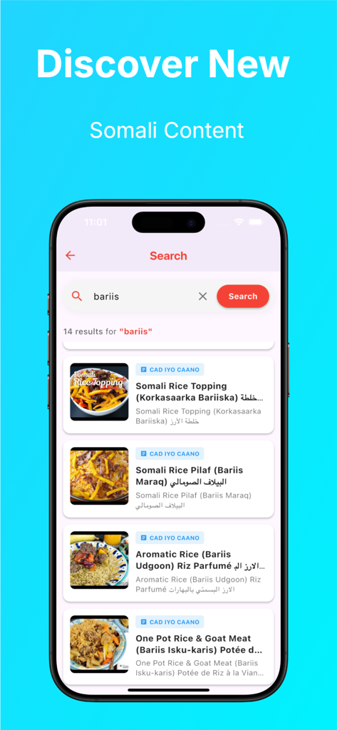 Search results for traditional Somali rice recipes in the Live Somali TV app