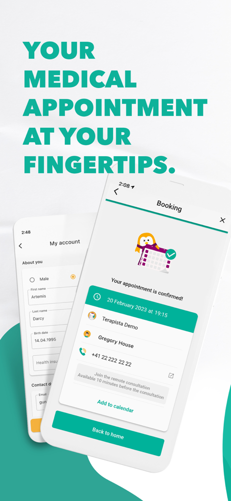 OneDoc - Interfaccia dell'app OneDoc che mostra la conferma di un appuntamento medico e le impostazioni del profilo utente.