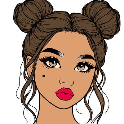 realistic girl with two buns on her hair and lips