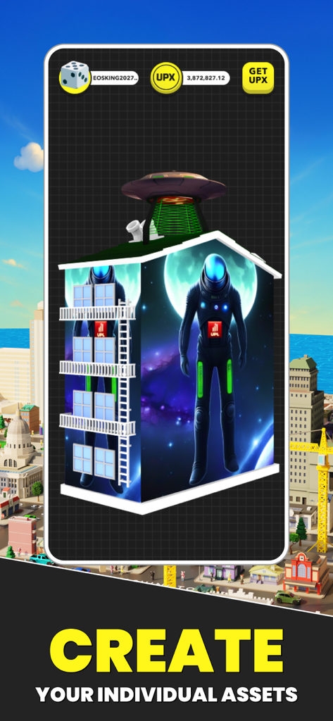 A futuristic digital building featuring an astronaut design and a UFO hovering over it in the Upland app interface