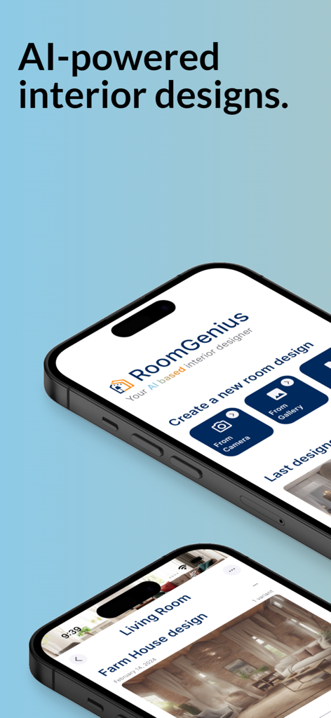 RoomGenius - Two smartphones displaying the RoomGenius app interface for AI powered interior design and farmhouse style room previews