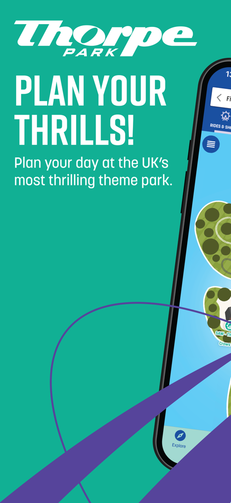 THORPE PARK – Official - Thorpe Park official app showing the interactive park map and plan your thrills screen