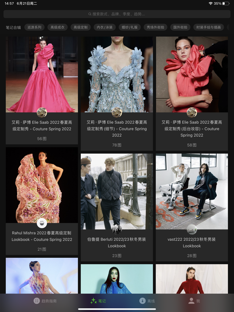 Interfaccia dell'app Daily Fashion HD che visualizza una galleria di foto di passerelle couture ad alta risoluzione e lookbook di stilisti.