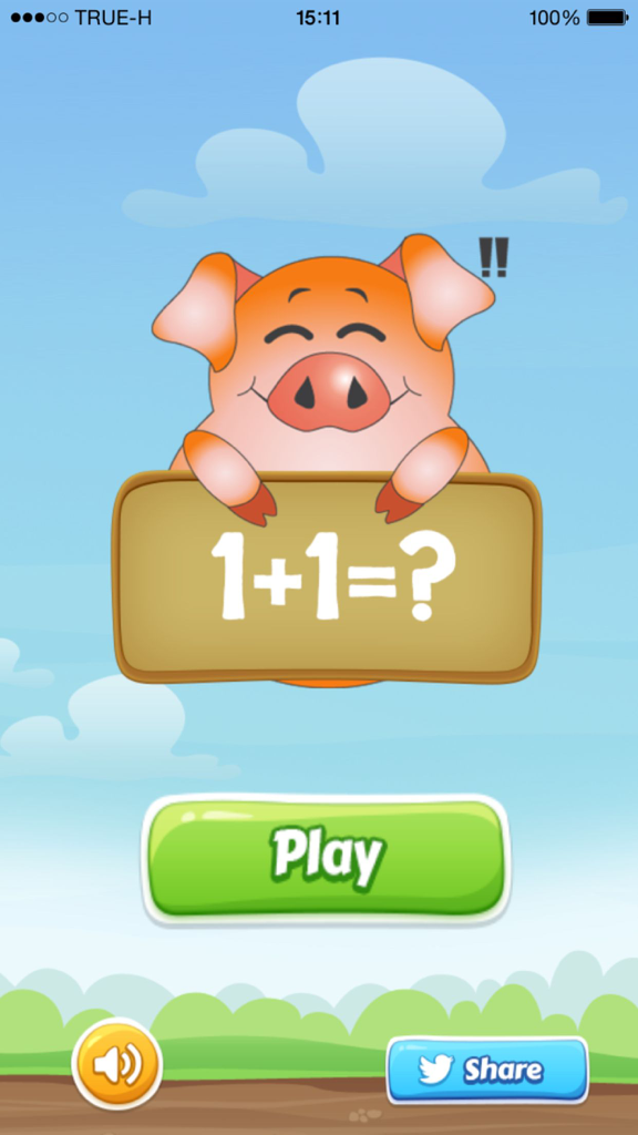 Kids math games - Cartoon pig holding a math problem sign on the main menu of the kids math game app.