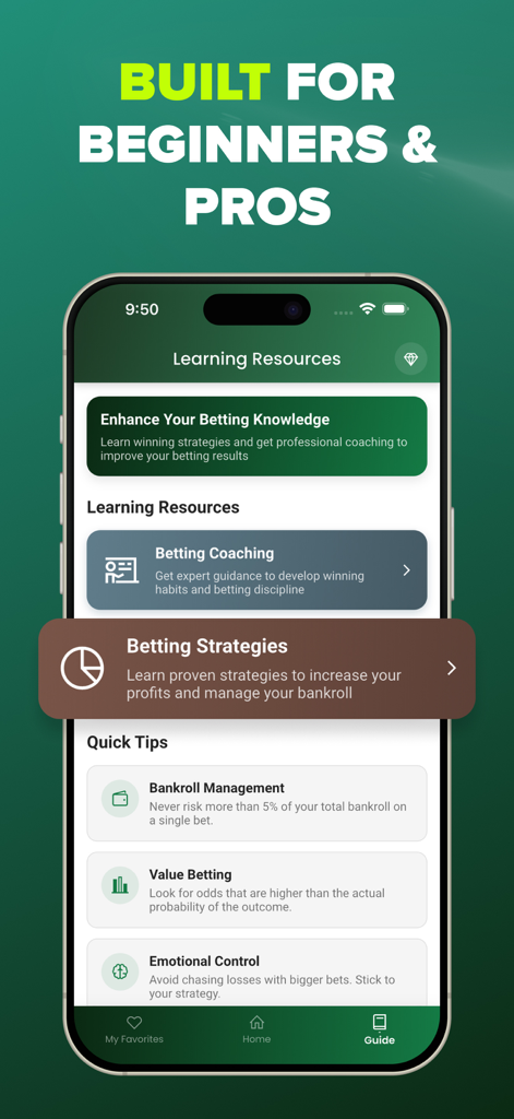 PRO Football Betting Guide - PRO Football Betting Guide learning resources screen showing betting coaching and strategies for beginners and pros