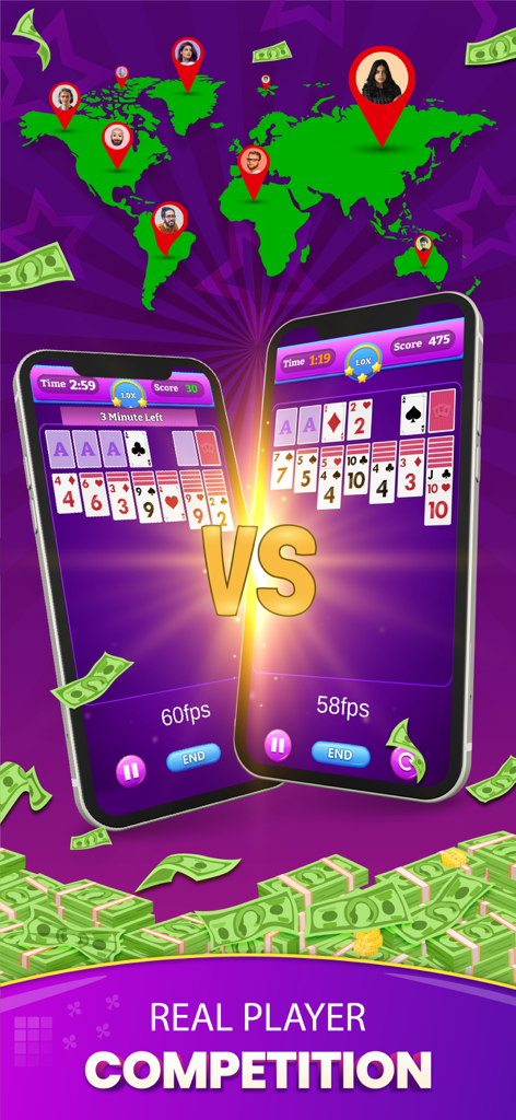 Solitaire Vie: Real Money Game - Dois celulares mostrando uma partida competitiva de paciência com um mapa global e pilhas de dinheiro.