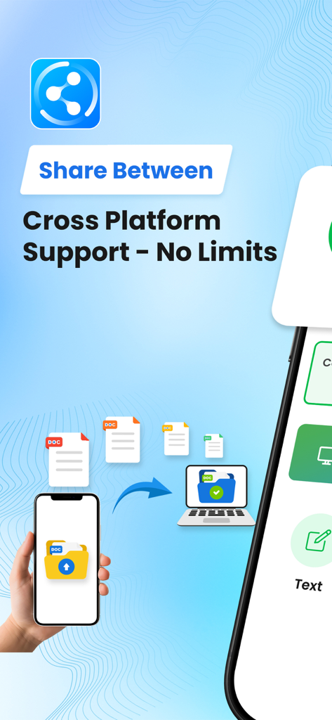 A smartphone transferring document files to a laptop using the AnyShare app