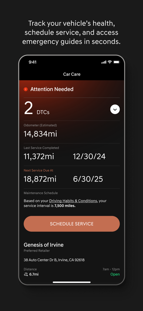 Genesis Intelligent Assistant - Car Care screen in the Genesis app showing vehicle health diagnostics and service scheduling.