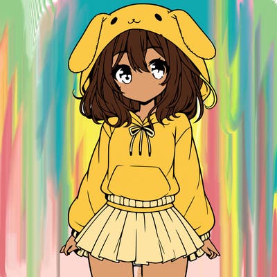 pretty anime girl wearing a fluffy hoodie with bunny ears on the hood and a skirt
