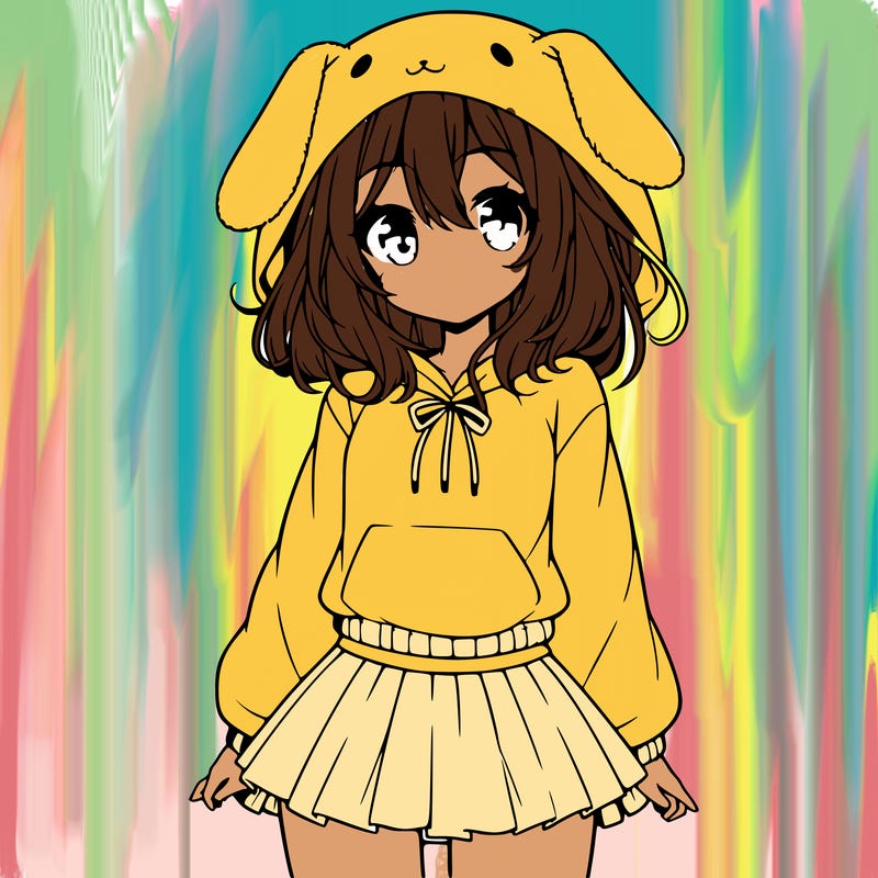 pretty anime girl wearing a fluffy hoodie with bunny ears on the hood and a skirt