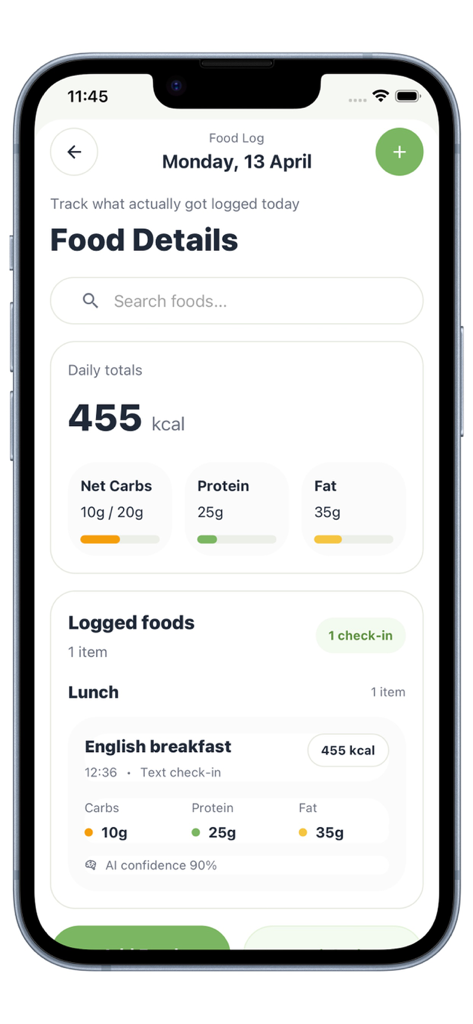 KetoGo | Diet - KetoGo app food details screen showing daily calorie totals and macro breakdown for a logged English breakfast.