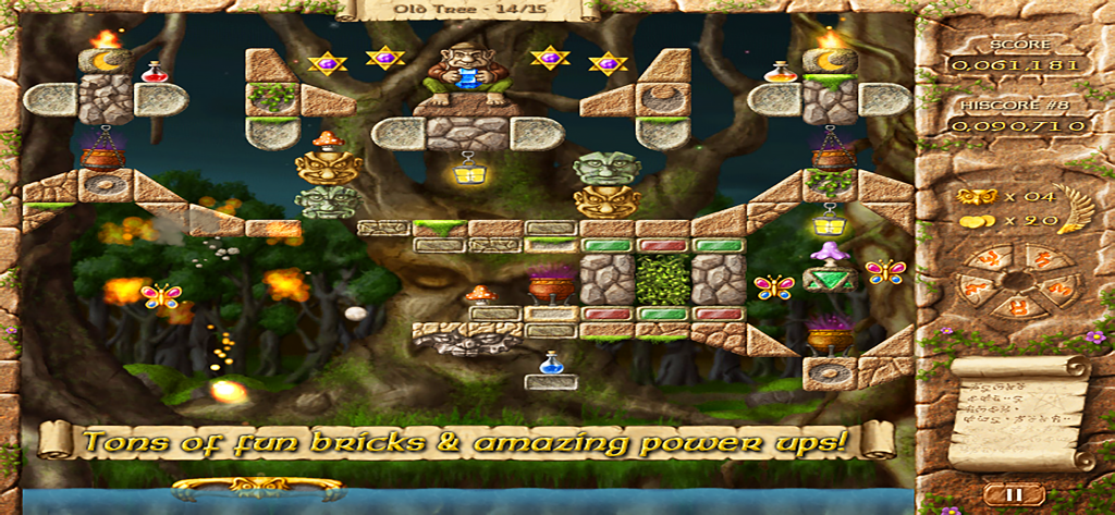 Fairy Treasure - Brick Breaker - Gameplay screenshot of Fairy Treasure Brick Breaker featuring a magical forest level with various fantasy themed bricks and power ups.