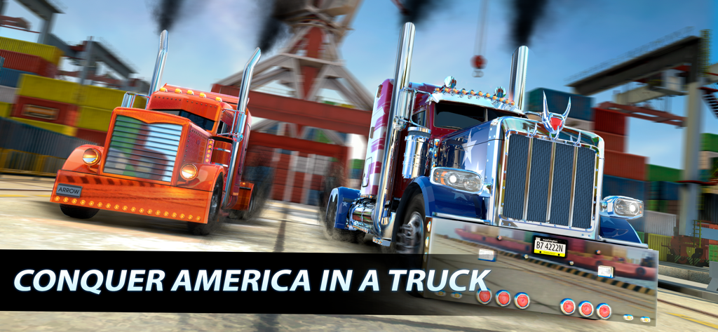 Big Rig Racing:Truck drag race - Two customized 18-wheeler trucks drag racing in an industrial port area