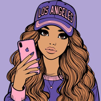 realistic beautiful girl wearing los ángeles cap holding an iphone