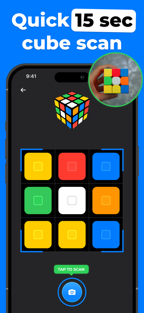 Mobile app interface showing a 15 second Rubik's cube scanning feature
