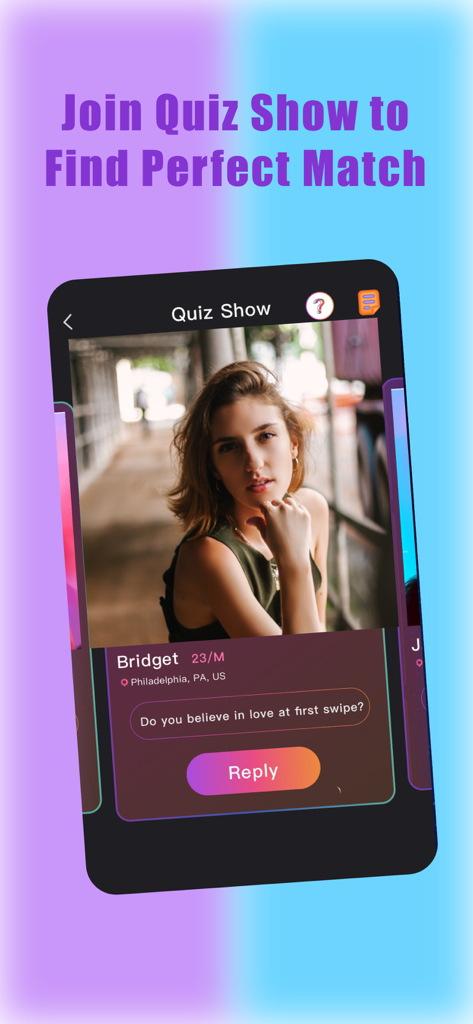 Quiz Show feature on Feel dating app showing a profile and an icebreaker question to find a match.