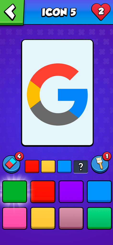Colormania - Guess the Colors - Gameplay screenshot of Colormania showing a color guessing puzzle for the Google logo.