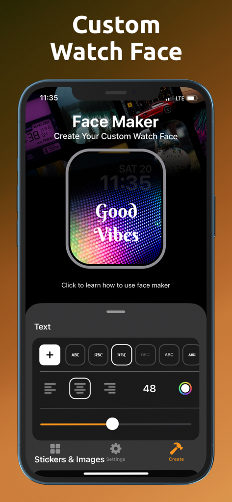 iPhone screen showing the custom watch face maker tool with text editing features