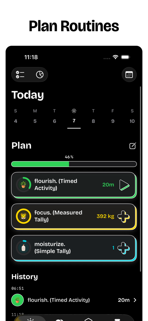 Habit Tracker — timespent - A minimalist dark mode dashboard of the Habit Tracker timespent app showing a daily routine plan with timed activities and tally logs.
