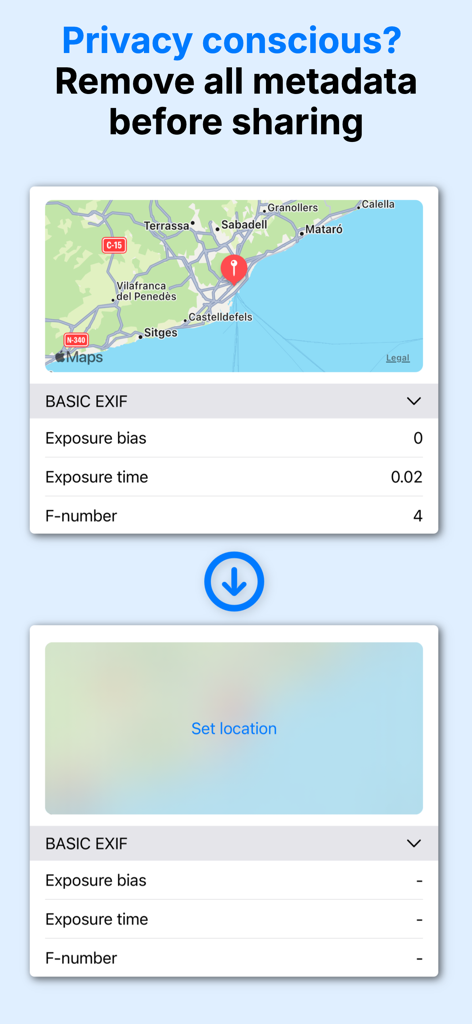 A demonstration of removing EXIF metadata and GPS coordinates from a photo to protect user privacy.