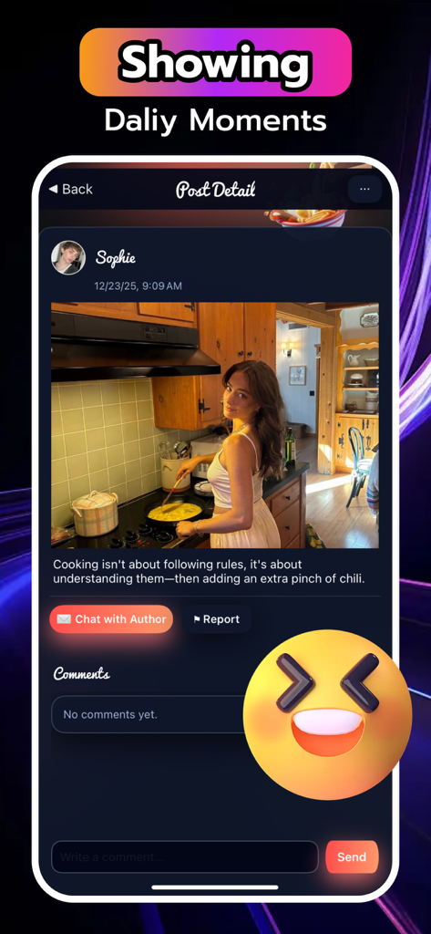 Una publicación de usuario en la aplicación Kobu que presenta una foto de una persona cocinando en una cocina con botones de interacción social