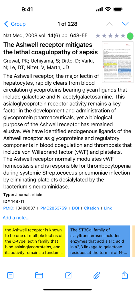 Bookends - Metadatos de artículos científicos y puntos destacados de la investigación en la aplicación móvil Bookends.