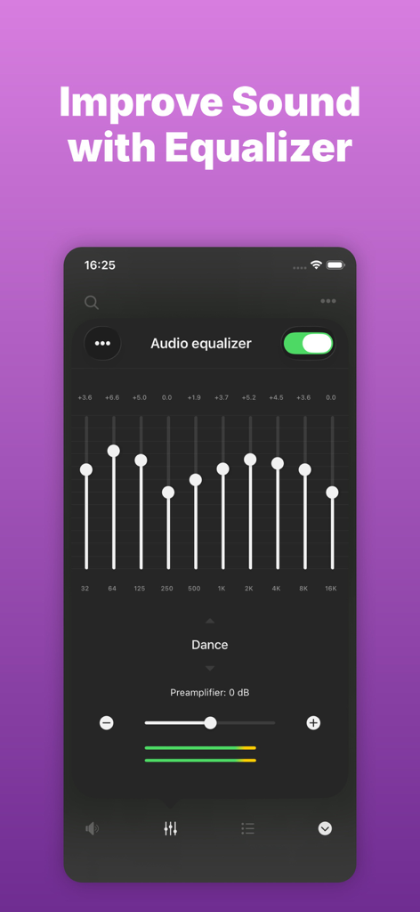 Evermusic: Simple Music Player - Evermusic app interface showing a multi-band audio equalizer with manual frequency adjustments and preamplifier control