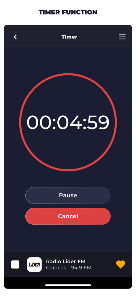 Radio Venezuela Live Online FM - Sleep timer screen of the Radio Venezuela app with a countdown for automatic shutdown.