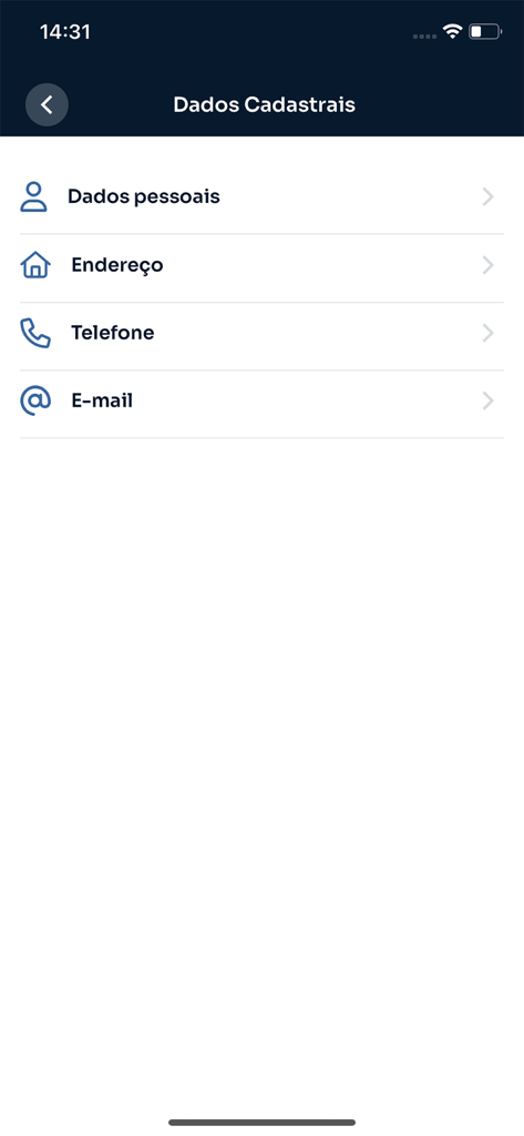 A tela de detalhes de registro do Petros App com links para configurações de dados pessoais, endereço, telefone e e-mail