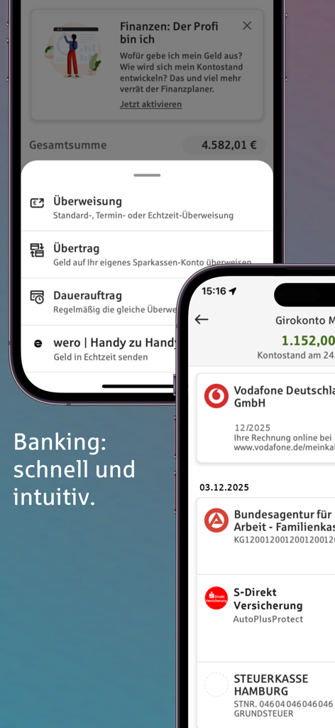 Two smartphone screens showing the Sparkasse mobile banking app interface with account transactions and transfer options