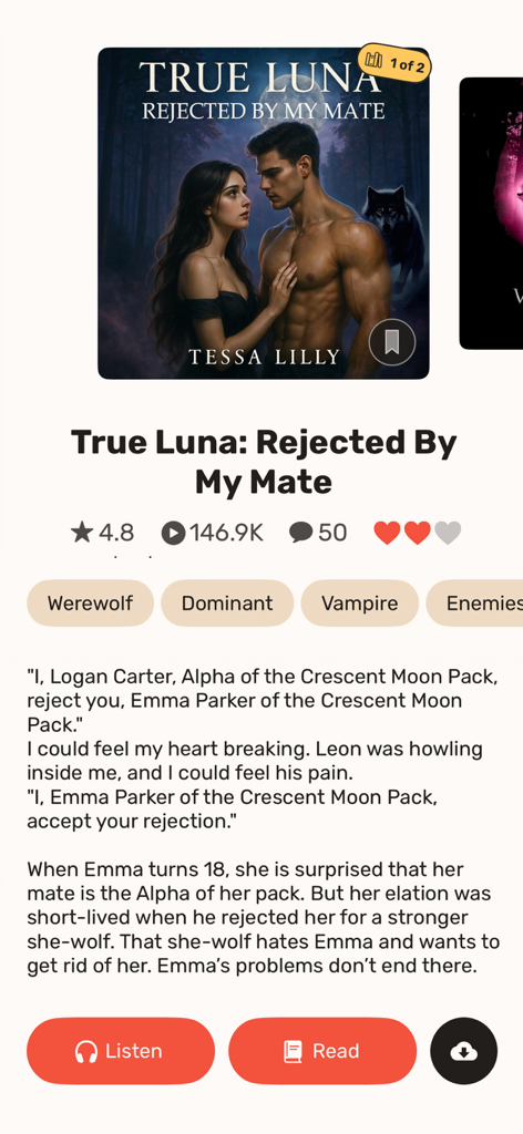 Amora: Novels & Audiobooks - Amora app screen showing a werewolf romance novel profile with listen and read buttons