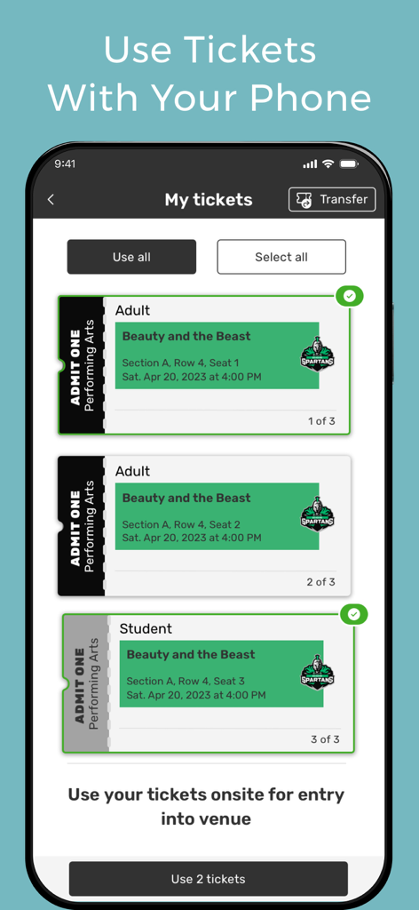 GoFan: Buy Tickets to Events - Mobile interface of the GoFan app showing digital tickets for a high school performing arts event.