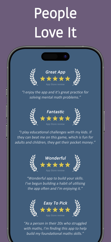 Mental Math Trainer Games - iPhone screenshot showing multiple five star user reviews for Mental Math Trainer Games