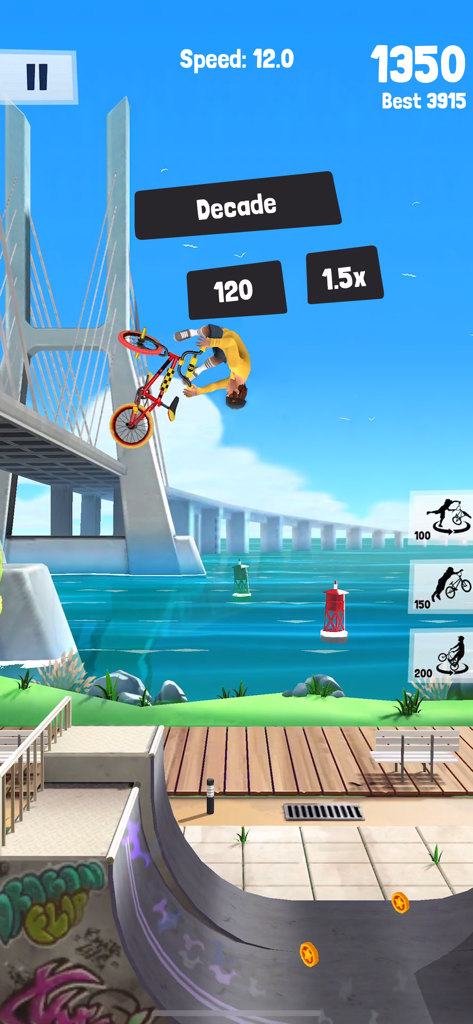 Flip Rider - BMX Tricks - A BMX rider performing a Decade trick in mid-air above a halfpipe with a large bridge in the background.