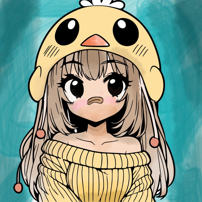 anime girl with chick shaped hat with sweater with bare shoulders with bangs covering them one eye with low tail