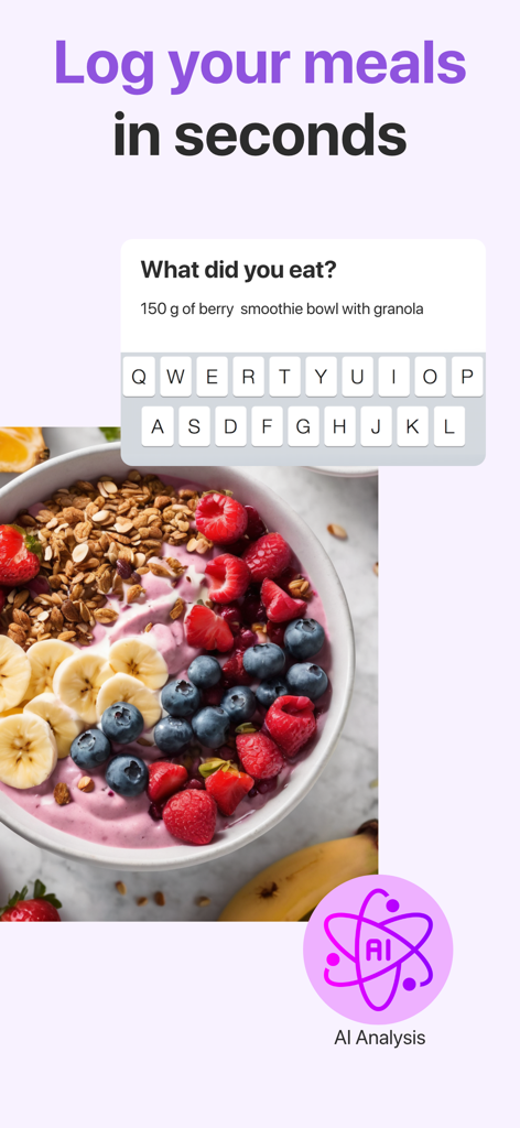 Intermittent Fasting - Fastik - Interfaz de la aplicación Fastik que muestra el registro de comidas con IA para un batido de frutas del bosque