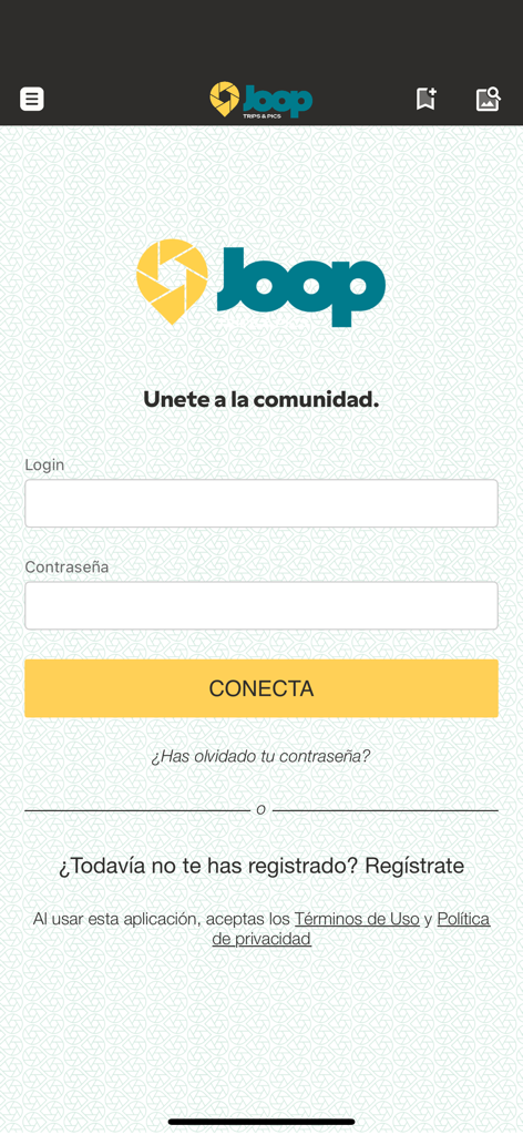 Joop - Login interface for the Joop travel and photography mobile app