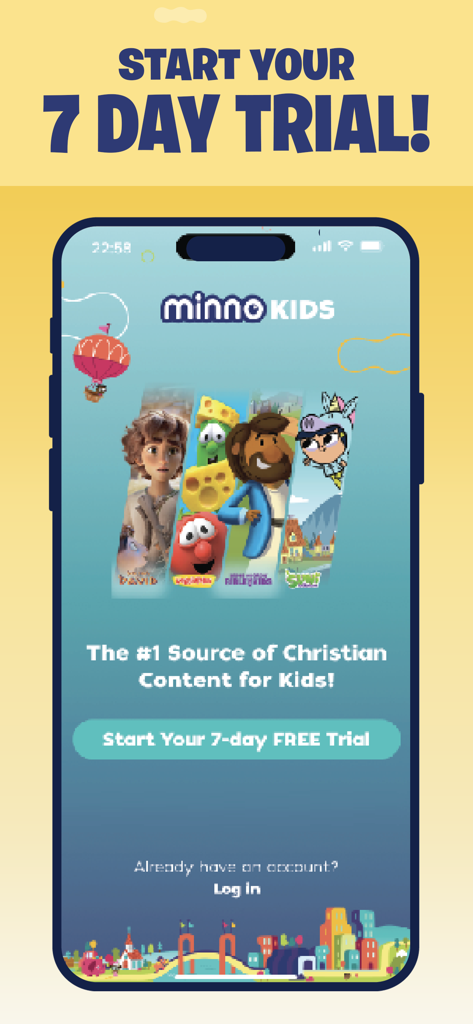 Smartphone displaying the Minno Kids app start screen with a 7 day free trial button and Christian cartoon characters