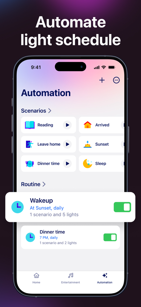 Automation screen of the Led Light Controller app showing smart light routines and scenario presets