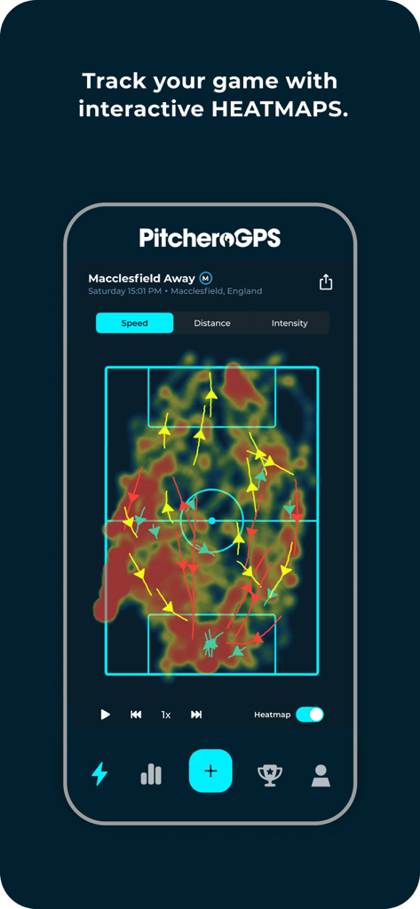 PitcheroGPS - Interface do aplicativo PitcheroGPS mostrando um mapa de calor interativo de jogador em um campo de futebol