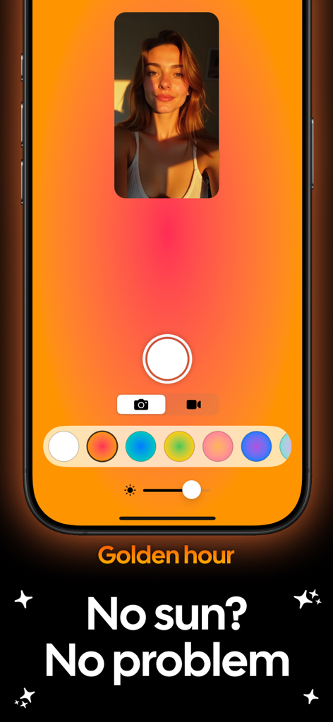 Litty Cam Selfie: LumiCam - Smartphone screen showing LumiCam app with golden hour light effect for taking beautiful selfies.