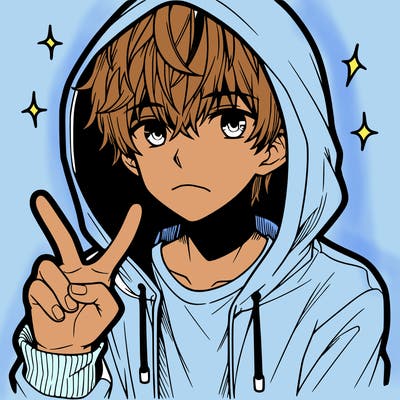 teenage manga boy in a hoodie, doing ✌