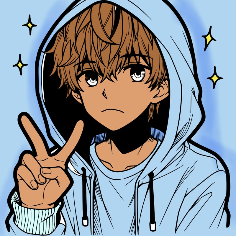 teenage manga boy in a hoodie, doing ✌