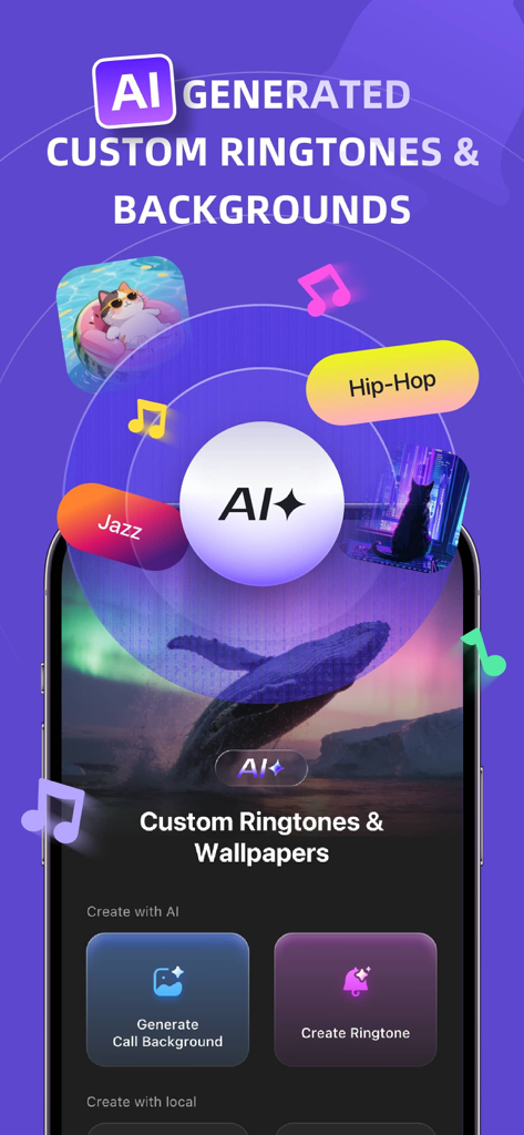 Benutzeroberfläche der ZEGE-App, die KI-gestützte Funktionen zur Erstellung benutzerdefinierter Klingeltöne und Hintergrundbilder auf einem Smartphone-Bildschirm zeigt.