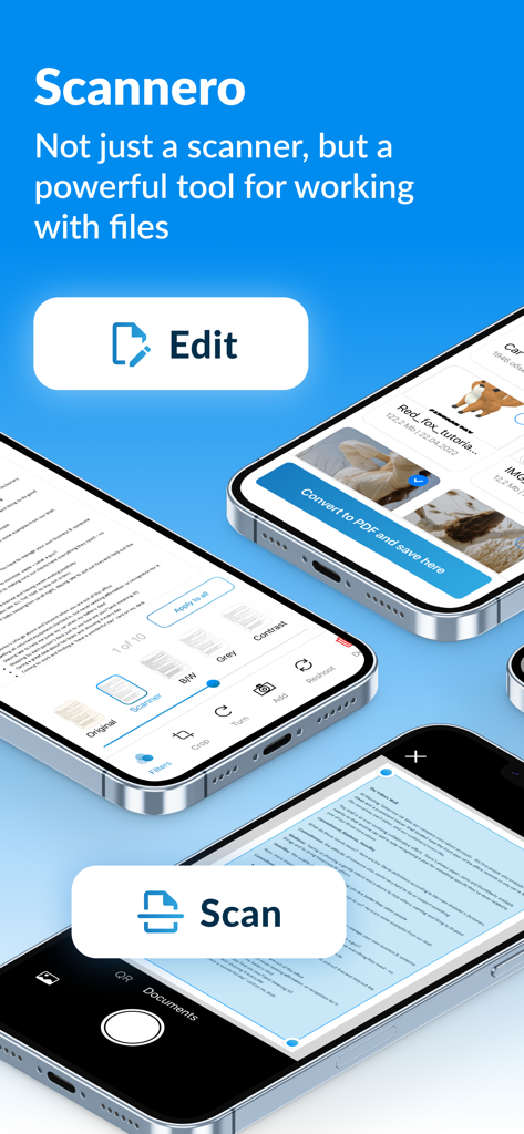 Scannero: fast scan to PDF&JPG - Interfaz de la aplicación Scannero en iPhones mostrando escaneo de documentos, edición y conversión a PDF.